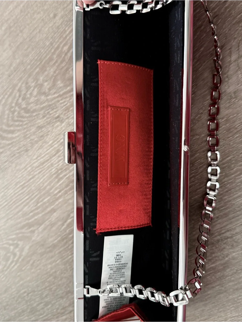 Mango Red Satin Clutch with Silver Chain Handle